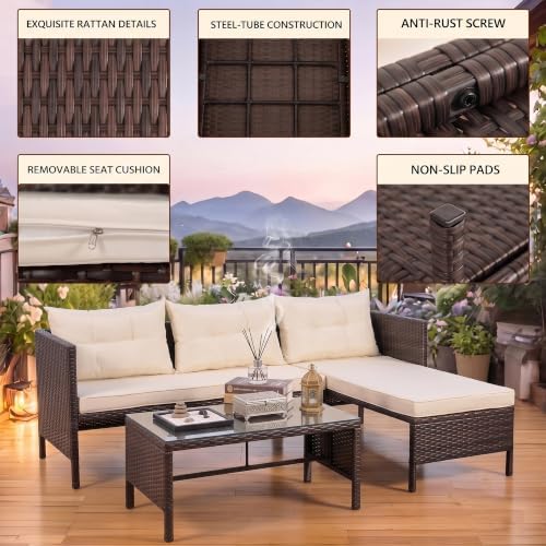 5 Piece Outdoor Sectional Patio Furniture Sets, All Weather Outdoor Wicker Rattan Patio Conversation Set, Patio Seating Sofas with Cushions, Lumbar Pillows and Tempered Glass Table