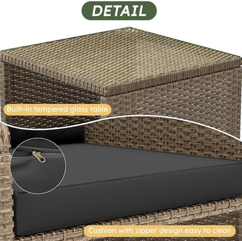 LHBcraft 5 Piece Patio Furniture Set, PE Wicker Outdoor Furniture Set with Soft Cushions & Coffee Table, Outdoor Lounge Chairs with Ottoman for Porch, Lawn, Balcony, Beige-Black
