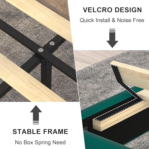 VECELO Full Size Bed Frame with Upholstered Headboard, Dark Green