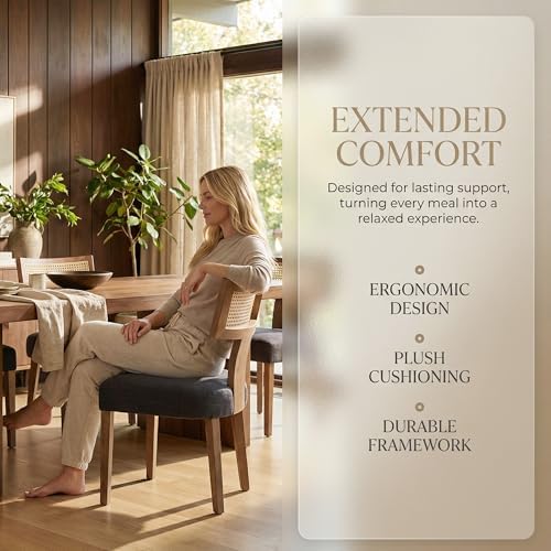 HNY Mid Century Modern Rattan Dining Chairs Set of 2, Farmhouse Linen Upholstered Accent Chair Curved Backrest Kitchen Chairs, with Hardwood Frame, Charcoal