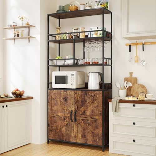 IDEALHOUSE Bar Cabinet Tall Wine Cabinet 70.8" Freestanding Wine Rack Industrial Liquor Cabinet with Glass Holder 5 Tier Bakers Rack with Cabinet Standing Microwave Stand Large Kitchen Storage Rack