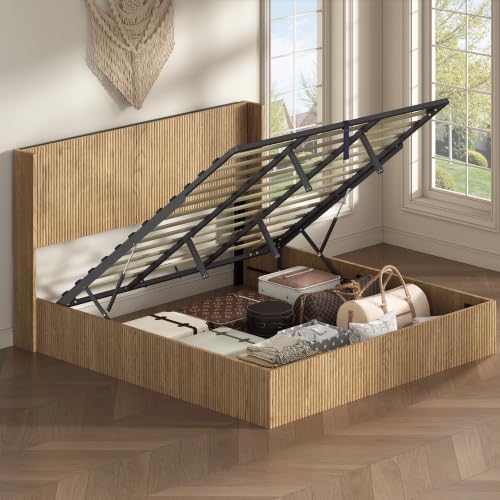 VMU Fluted Queen Size Platform Bed Frame with Lift up Storage