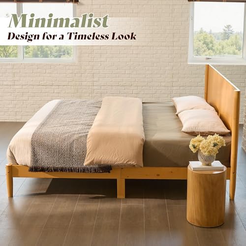 AMERLIFE Solid Wood Queen Bed Frame, Mid Century Bed with Headboard, Yellow