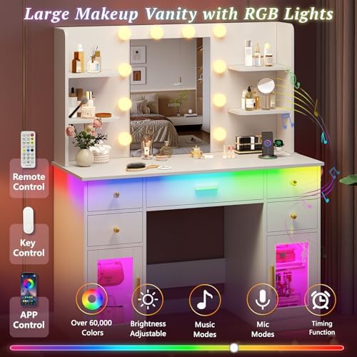 White Vanity Desk with Mirror and Lights & Charging Station, RGB Cabinets | Makeup Vanity with 5 Drawers & 4 Open Storage Shelves, Large Dressing Table with Hairdryer Holder for Women