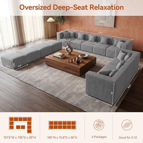 MONVANE Modular Sectional Sofa, Oversized 12 Seat Convertible U Shaped Couch with Ottoman, Comfy Chenille Cloud Couch with Pillow, Sectional Couches for Living Room, No Assembly Required, Light Grey