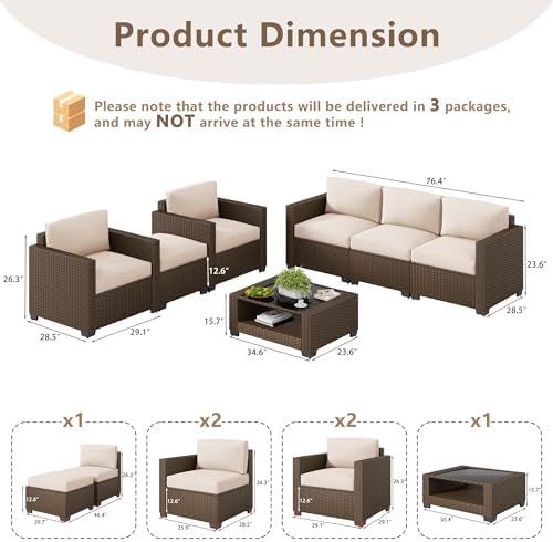 LOUVIXA 7 Piece Outdoor Patio Furniture Set, Rattan Chairs Glass Table Wicker Conversation Seating Sectional Sofa with Cushions (Brown-Beige, 7Pcs-2 Layer Coffee Table)