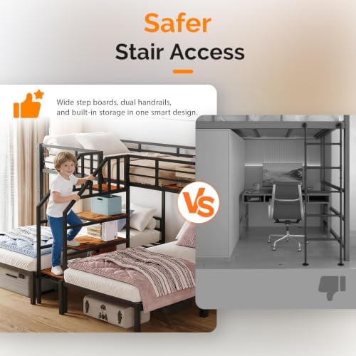 Bonnlo Metal Triple Bunk Bed with Stairs, Twin Over Twin Over Twin Bunk Beds for Kids,Teens and Adults, 3 People Bed, No Box Spring Needed,Black