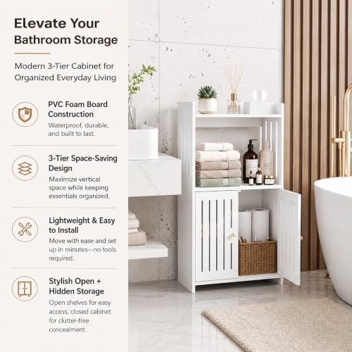 HAYOFAMY 3-Tier Bathroom Storage Cabinet 8.7" D x 14.2" W x 24.8" H | White Floor Cabinet, Freestanding Organizer with Door, for Living Room Kitchen Small Space, PVC Material