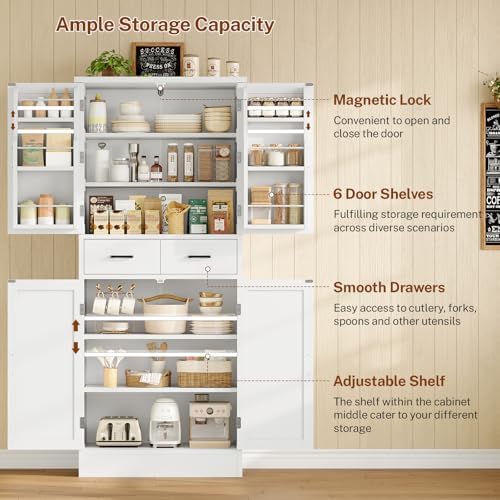 TEENFON Farmhouse Pantry Cabinet, 66.9″H Tall Kitchen Storage Cabinet with Barn Doors, Adjustable Shelves & Drawer, Freestanding Cupboard for Kitchen, Dining Room, Living Room, Bathroom, White