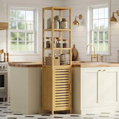 HITNET Bathroom Floor Cabinet, 6 Tier Tall Thin Linen Tower Storage Cabinet Free Standing Bamboo, Kitchen Side Organizer with 3 Shelves and Cupboard, Natural