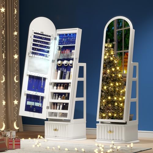 63" Full Length Mirror Jewelry Cabinet with Storage – Rotating, Lockable Jewelry Armoire with Velvet Lining, Standing Organizer for Women – Ideal Gift for Jewelry Storage & Display, White