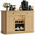 Natural Oak Coffee Bar with 2 Drawers & 2 Doors, LED Wine Bar Cabinet with Wine Glasses, Coffee Station with Built-in Outlets, Buffet Cabinet Sideboard with Extra Storage for Living Room Kitchen