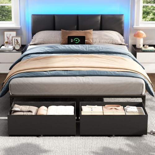 Furnulem Queen Bed Frame with PU Upholstered Headboard and Charging Station