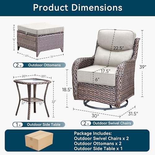 Luxury 5 Pieces Patio Furniture Set-Outdoor Swivel Rocker Patio Chairs with 6" Thick Cushions, Swivel Rocker Chairs with Ottomans & Side Table, Outdoor Conversation Sets for Porch Deck(Brown/Beige)