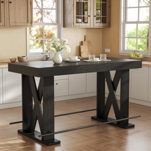 LITTLE TREE 63" Bar Table, Pub Table with Metal Footrest (Black,2)