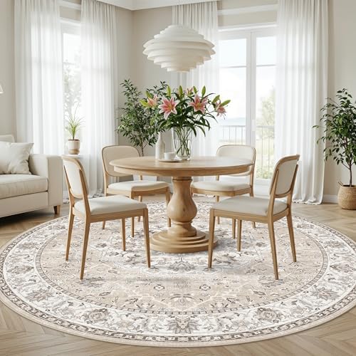 Washable 8ft Round Area Rug - Living Room Oriental Non Slip Soft Rugs Indoor Low Pile Stain Resistant Carpet for Bedroom Dining Room Farmhouse Distressed Thin Home Decor Floor Mat(8Round,Beige)