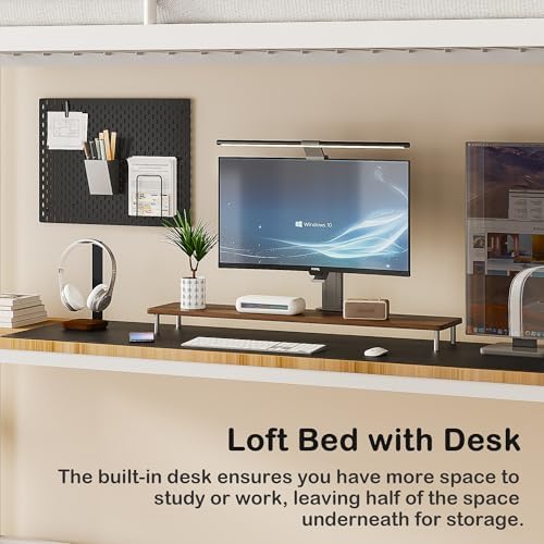 VECELO Loft Bed Twin Size with Desk, Metal Bedframe with Removable Ladder and Safety Guardrail, No Box Spring Needed, Space Saving, Noise Free, Pure White