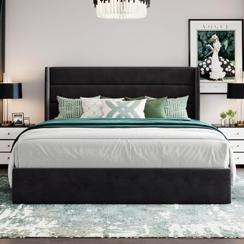 SHA CERLIN King Size Lift Up Hydraulic Storage Bed Frame Black