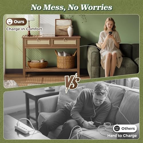 SUPERJARE Rattan Console Sofa Table with Outlets, USB-C Port and 3 Drawers
