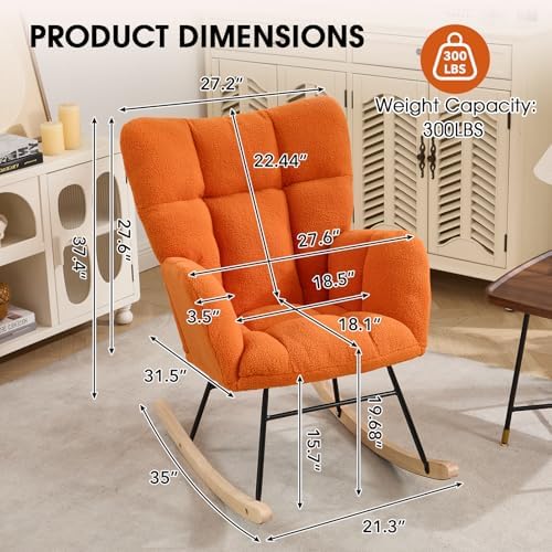 Nursery Rocking Chair, Teddy Upholstered Glider Chair with Thick Cushion, Tufted Gliding Rocker Chair with Wood Leg, Cozy Rocking Armchair, Accent Rocking Chair for Living Room (Orange)