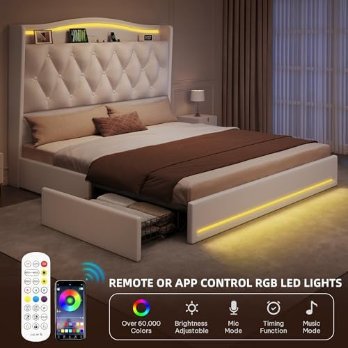DWVO Queen Size Bed Frame with 4 Storage Drawers and RGB LED Lights, White