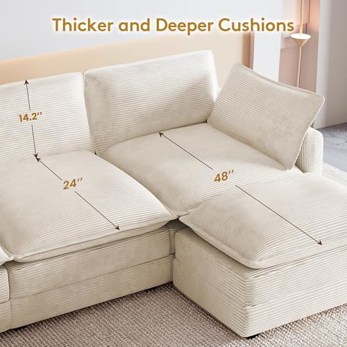 ROWHY 112'' Modular Sectional Cloud Couch with Movable Ottoman, 4 Seat Modern Corduroy Sofa, Deep Seat L Shaped Couch for Living Room Bedroom Apartment, Cream