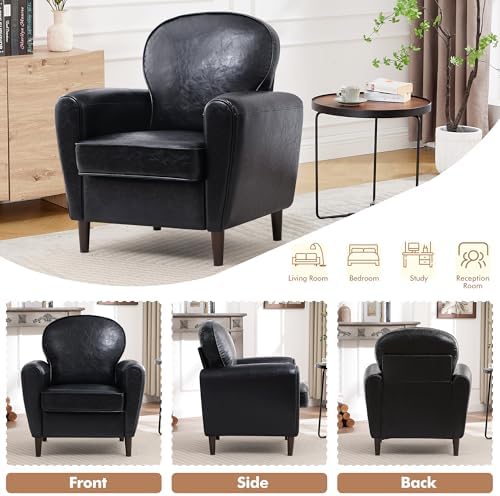 Accent Chair Set of 2, Mid Century Modern Faux Leather Arm Chair with Thick Cushion and Back, Comfy Upholstered Reading Chair Single Sofa Chair for Living Room, Bedroom, Club, Black