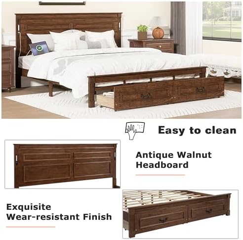 King Size Bed Frame with 2 Storage Drawers & Tall-Panel Headboard and Footboard, Wood Platform Storage Bed Built-in LED Lights, USB Charging Station, No Box Spring Required (Walnut)