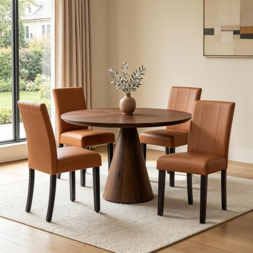 CHUN YI Dining Chairs Set of 2, Faux Leather Dining Room Chairs, Upholstered Modern Kitchen Parsons Chairs for Dining Room with Sturdy Wood Legs, Light Brown (Only Chair)