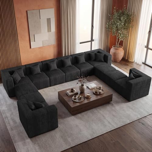 MONVANE Modular Sectional Sofa, Oversized 12 Seat Convertible U Shaped Couch with Ottoman, Comfy Chenille Cloud Couch with Deep Seat, Sectional Couches for Living Room, No Assembly Required, Black