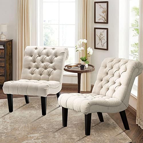 Armless Modern Accent Chair Set of 2 for Bedroom, Cream Fabric