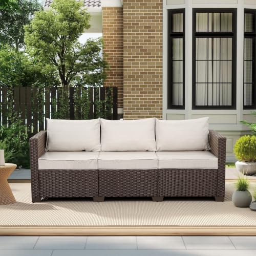 Rattaner 3-seat Patio Sofa Outdoor Furniture Brown Wicker Outdoor Couch Deep Seat High Backrest with Anti-Slip Cushions with Waterproof Cover, Beige