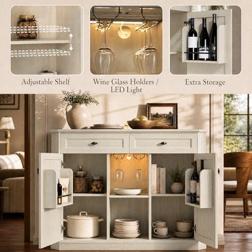 White Coffee Bar with 2 Drawers & 2 Doors, LED Wine Bar Cabinet with Wine Glasses, Coffee Station with Built-in Outlets, Buffet Cabinet Sideboard with Extra Storage for Living Room Kitchen Entryway