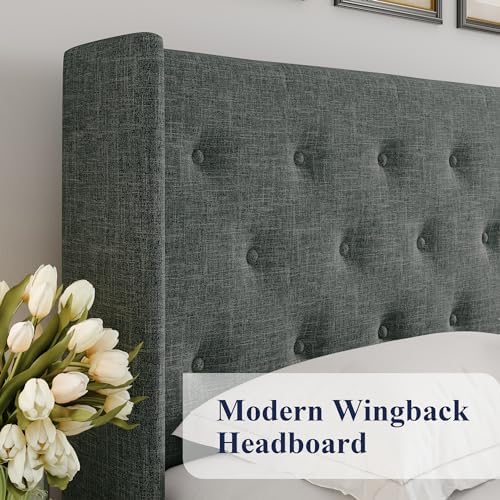 Allewie Queen Size Lift Up Storage Button-Tufted Bed Frame Dark Grey