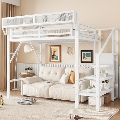 KEIKI Twin Size Metal Loft Bed Frame with Convertible Staircase, Built-in Storage Shelves & Wardrobe, Loft Bed with Solid Slats & Guardrail, No Box Spring Required, Easy Assembly, for Bedroom, White