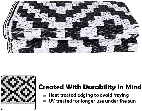SAND MINE Waterproof Outdoor Rug 4x6 ft, Plastic Reversible Rug, Modern Area Rug, Large Floor Mat for Outdoors, RV, Patio, Backyard, Deck, Picnic, Beach, Camping (4' x 6', Black & White Lattice)