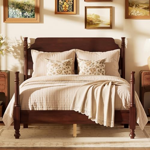 Vintage Wood Full Bed Frame, Traditional Spindle Platform with Tall Headboard, Dark Walnut Antique Style 4-Poster Design, Under Bed Storage, No Box Spring Needed