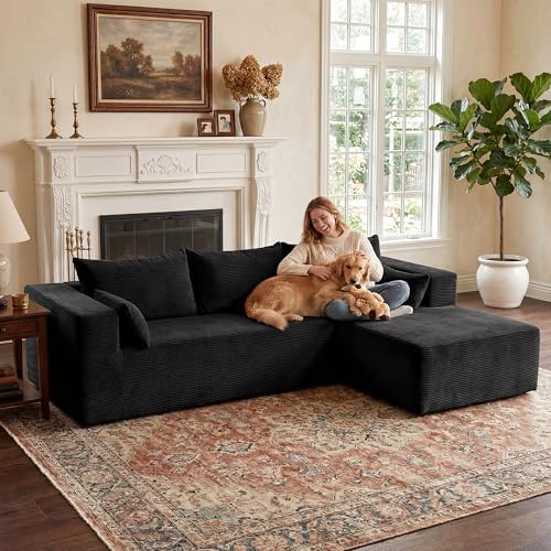 GRUSIGN106 Cloud Sectional Boneless Couch for Living Room, Modular L Shaped Couches with Oversized Right Facing Chaise, Memory Foam Compressed Spineless Deep Seat 3 Seater Sofa for Apartment, Black