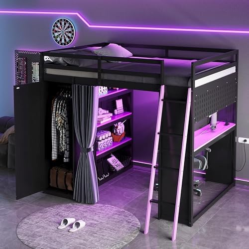 Merax Full Size Loft Bed with Desk and 6 Storage Shelves, Wardrobe, Blackout Curtain, Solid Wood Gaming Loft Bed Frame with USB Port & RGB Lights, No Box Spring Needed, Space-Saving, Black+Purple