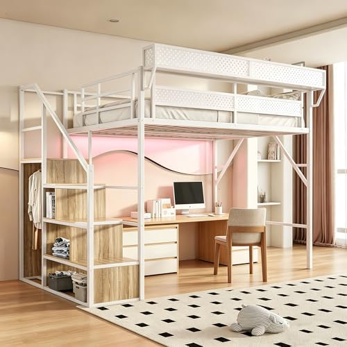Queen Size Metal Loft Bed with Reversible Stairs and LED & USB Port