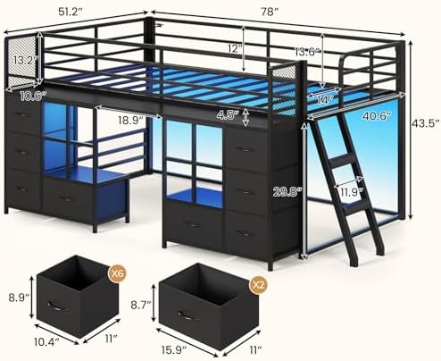 BTHFST Low Bunk Bed Twin Over Twin with 8 Fabric Drawers & Bookshelf, Black