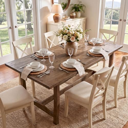 63" Solid Wood Dining Table for 4-6, Farmhouse Kitchen Table