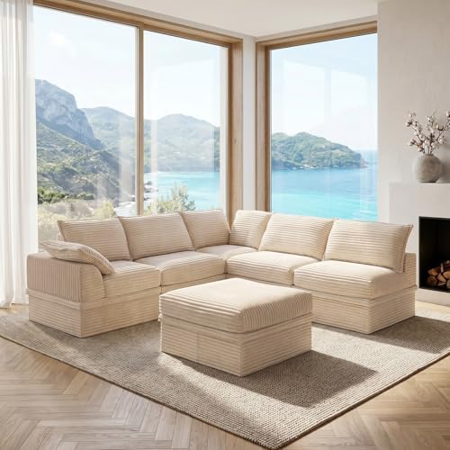 142" Oversized Modular Sectional Couches for Living Room, Corduroy 6-Seat Large Upgraded Boneless Couch with Storage & Ottoman, Deep Seat, U Shaped Memory Foam Sofa-in-a-Box, No Assembly, Beige