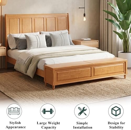 King Bed Frame with 53" Tall Headboard and Storage Bench, Solid Wood King Size Platform Bed with 64" Footboard Storage Chest,Heavy Duty Slats System,No Box Spring Needed, Natural