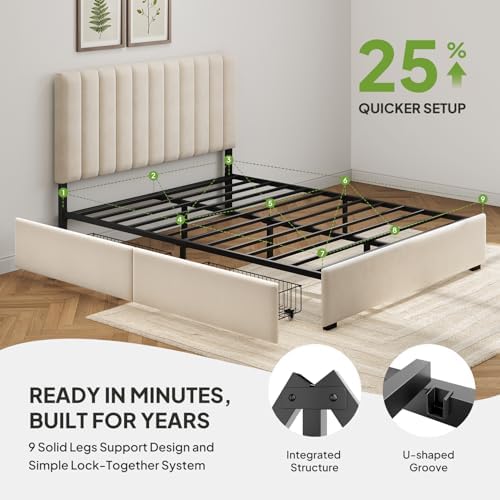 Welzona Queen Bed Frame with Storage and Headboard, Velvet Upholstered Metal Platform Corner Bed with Vertical Tufted Headboard, 2 Storage Drawers, 3-Height Level, Noise Free, Easy Assembly, White