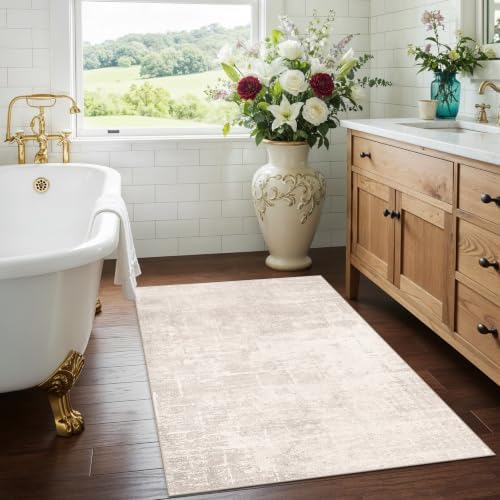 Washable 3x4 Kitchen Area Rugs: Abstract Stain-Resistant Sink Rug Non-Slip Durable Doormat Ultra Soft Bedroom Nursery Besides Carpets Indoor Water Resistant Bathroom Floor Mat(3x4,Beige/Cream)