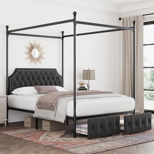 Keyluv Queen Upholstered Canopy Bed Frame with 2 Storage Drawers & Button Tufted Headboard, Metal Platform Bed with 4 Removable Posts, Two-Purpose Velvet Bed, Dark Grey/Curtain Not Included