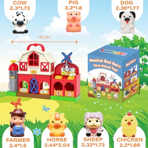 Farm Animal Barn Toys for Toddlers 1-3, Red Barn Play Farm Set with Animals Sounds Toy, Musical Interactive Preschool Montessori Learning Farm Toys for Kids, Christmas Birthday Gift for Boy Girl