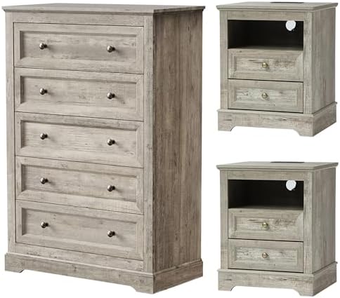 KIGOTY Farmhouse Bedroom Set, 3 Pcs Dresser and Nightstand Sets, 5 Drawer Dresser & 2 Drawer Nightstand Set with Charging Station,Rustic Wood Bedroom Furniture Set for Home