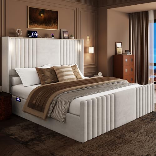 55" Tall King Size Platform Bed Frame with 2 Reading Lights, Cream